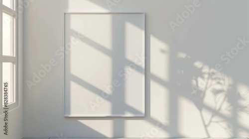 white vertical rectangle frame mockup on empty wall with window shadow  top view. Mock up template for poster or picture display in interior design.