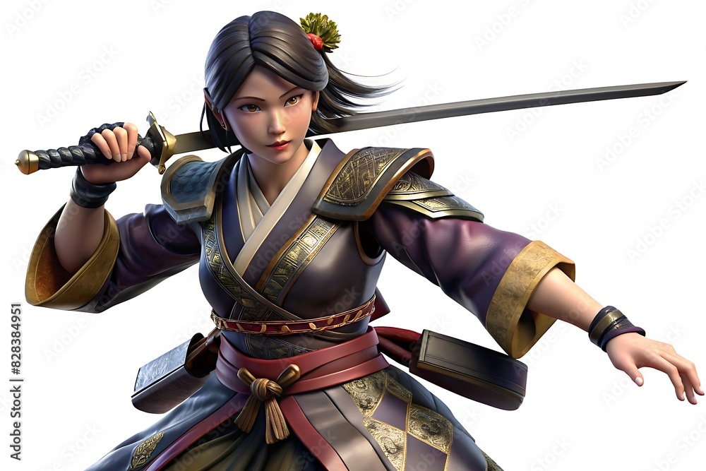Fototapeta premium 3d Japanese female warrior with sword posing in action style , Isolated o white background 