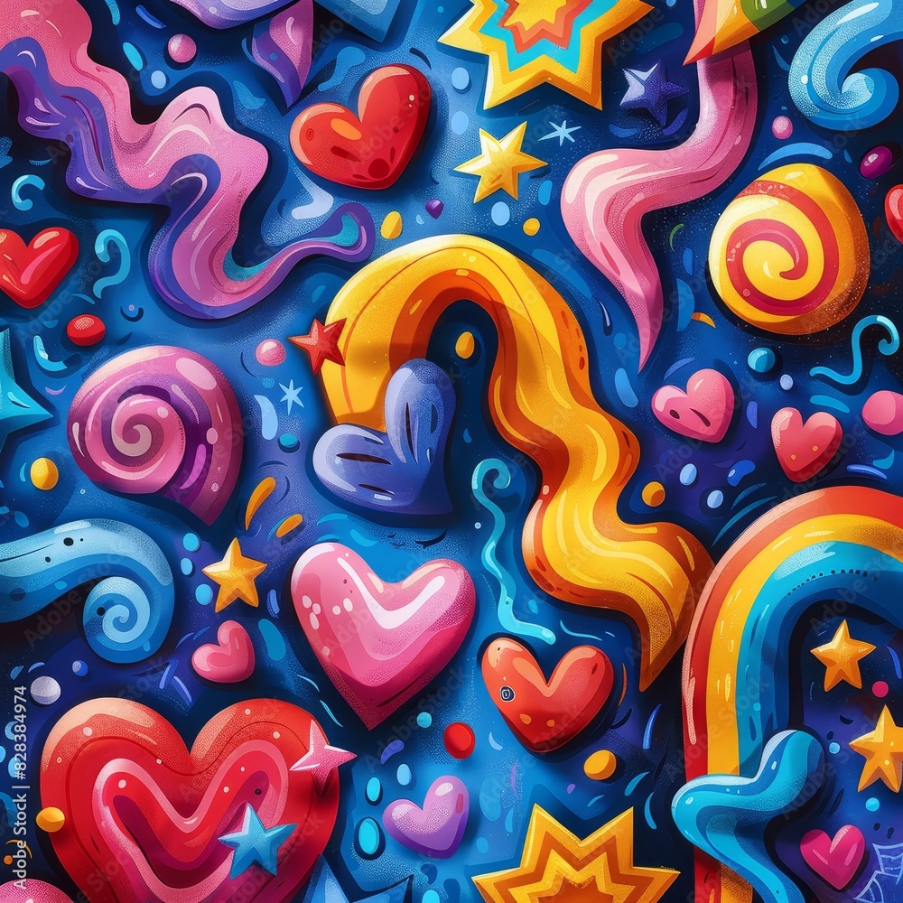 Obraz premium Colorful and whimsical abstract pattern with hearts, stars, and shapes on a vibrant blue background, perfect for creative designs.