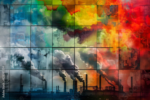 Multimedia images of climate change, global garming, chimneys, smoke, renewable energies on different television screens. Generative AI. Mosaic background.