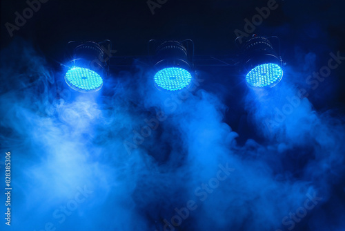 Empty misty blue dark stage background, fog, and blue spotlights. Showcasing artistic works and products. generative AI.