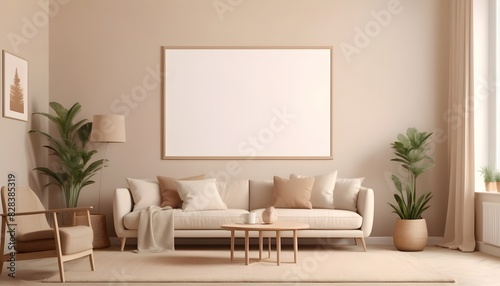 Horizontal poster frame mockup in cozy beige living room, 3d rendering