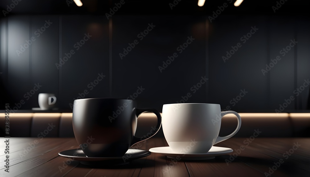 Coffee cups close-up in modern dark interior background, 3d rendering Coffee cups close-up in modern dark interior background, 3d rendering