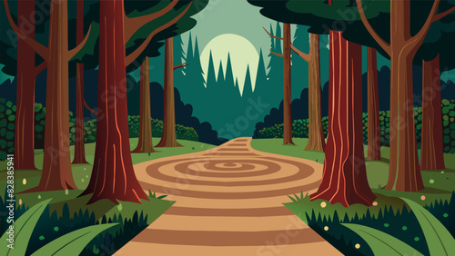 A redwood forest with a labyrinthlike path leading to a secluded meditation spot ensuring complete privacy and quiet.. Vector illustration