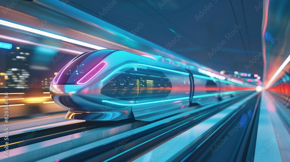 futuristic rail system with maglev trains gliding on invisible tracks side view highlighting innovative rail technology Scifi tone vivid