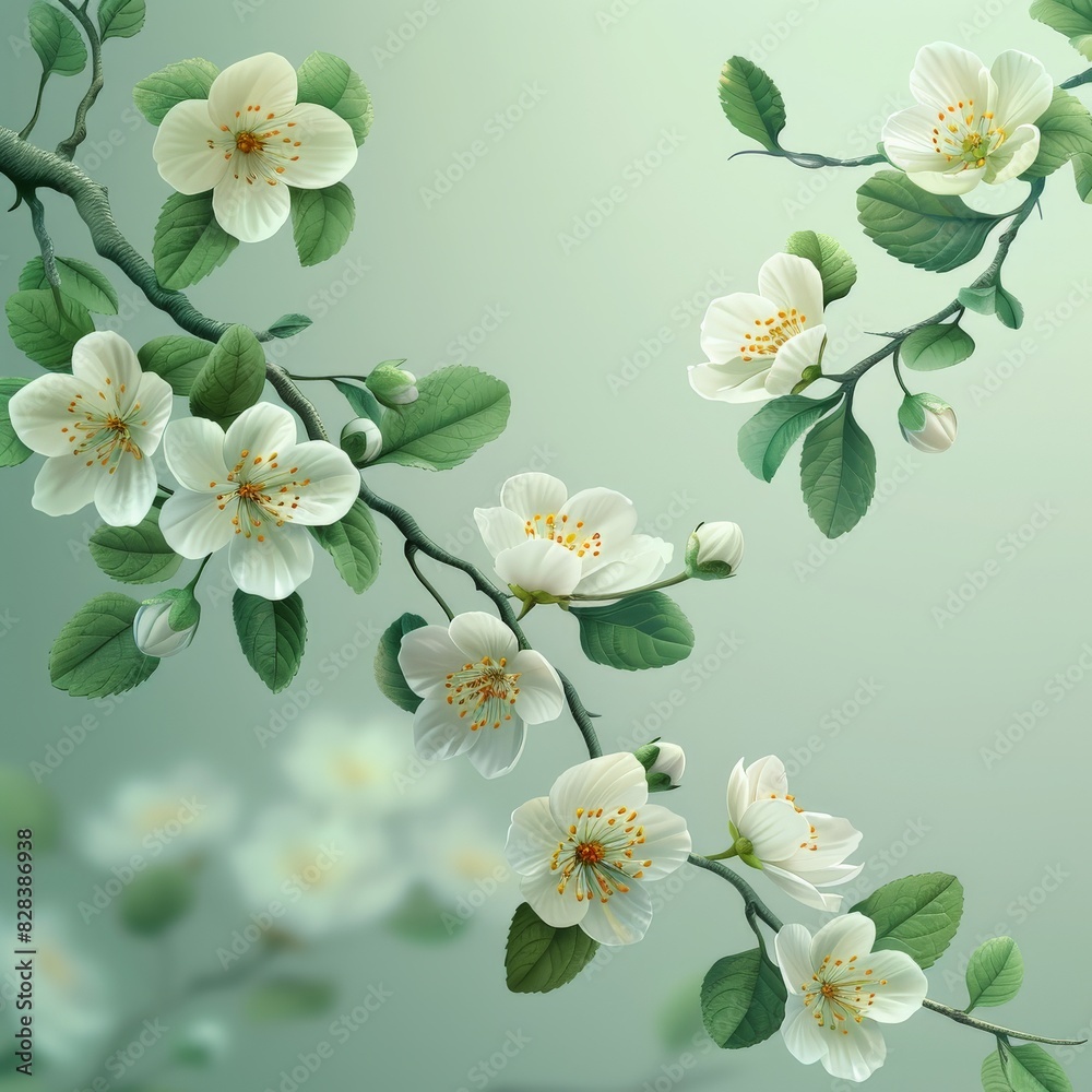 Fototapeta premium Branch With White Flowers and Green Leaves