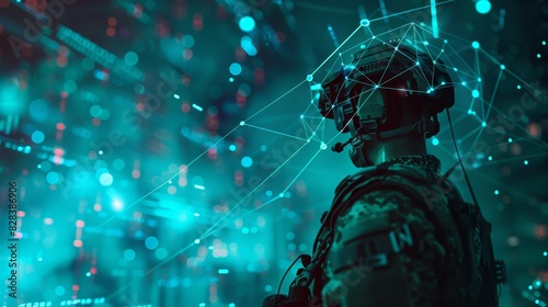 Cybernetic silhouette of a scifi soldier interfacing with tech