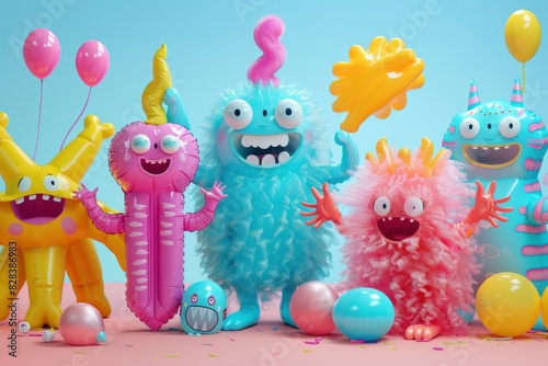 cute crazy monsters with hand made of inflatable items on pastel blue background in style of 3d. Abstract, fantasy, dreamlike concept.