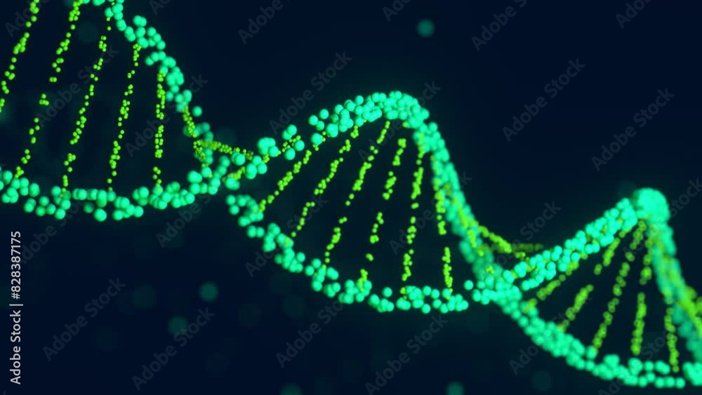 DNA helix structure constructed with particles. 3D digital genetic model. Seamless rotation animation DNA molecule. Scientific medical concept.