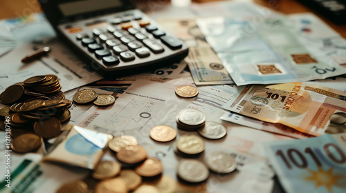 There are two calculators, pennies, nickels, dimes, quarters, and paper money spread out on a table.

 photo