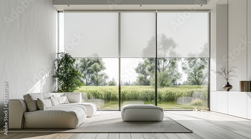 Minimalist living room in white color with a white loveseat, wide windows offering a view of a summer meadow, and modern touches 