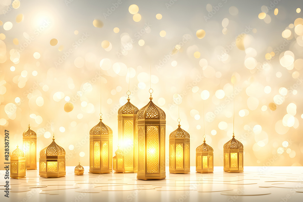 Arab pattern lantern on table with strong glow light, bokeh gold white background. Generative ai. Arab pattern lantern on table with strong glow light, bokeh gold white background. Generative ai.