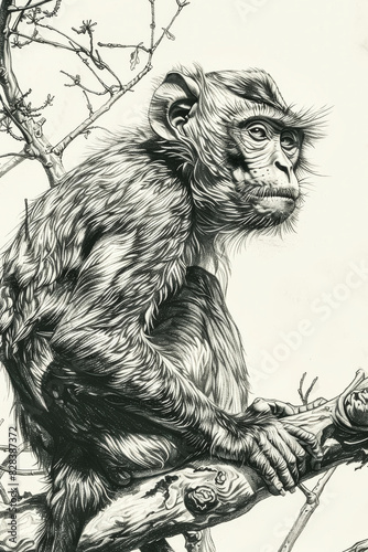 Hand Drawn Monkey.  Generated Image.  A digital illustration of a hand drawn monkey in the wild.