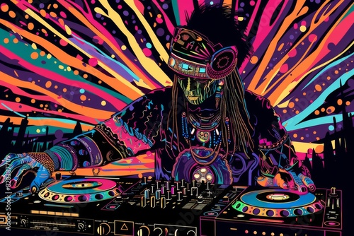 Brightly colored image of a dj playing music on a turntable