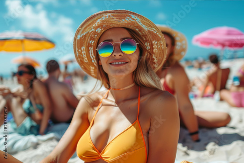 A vibrant summer scene with people wearing light clothing, colorful swimsuits, flip-flops, and stylish hats and sunglasses at the beach.. AI generated. © Petr