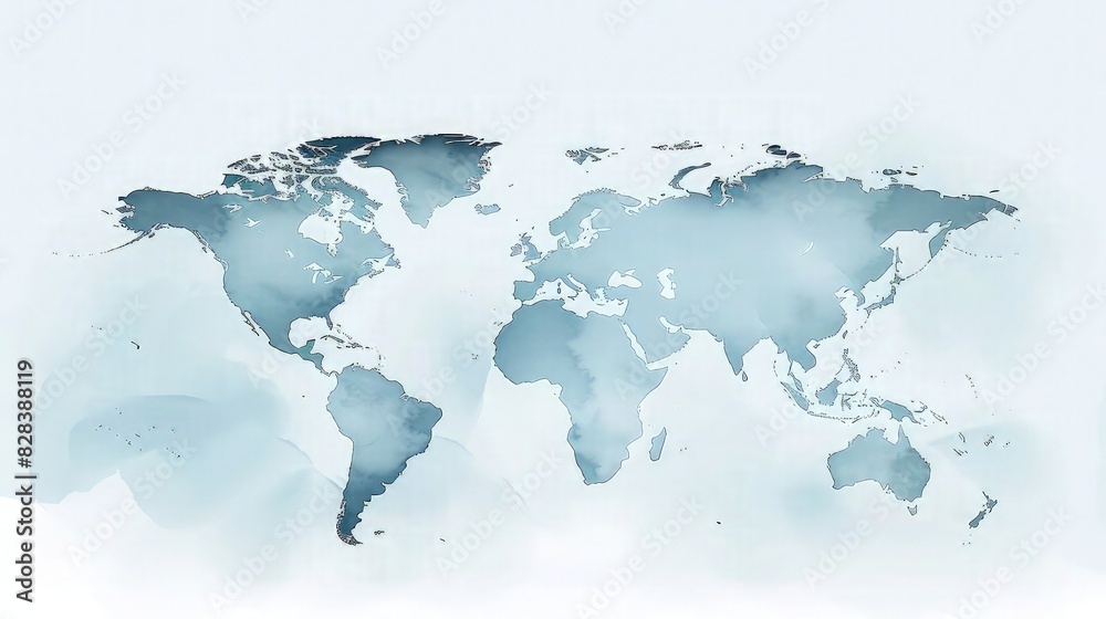 Obraz premium World map illustration featuring a soft blue watercolor texture isolated on a white background for professional travel and global business marketing templates.