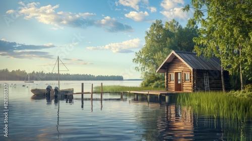 Traditional wooden hut. Finnish sauna on the lake and pier with fishing boats. summer landscape © Jalal