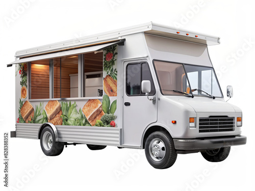 Food Truck with Sandwich Graphic Wrap and Serving Window, Isolated on White Transparent Background, PNG Element