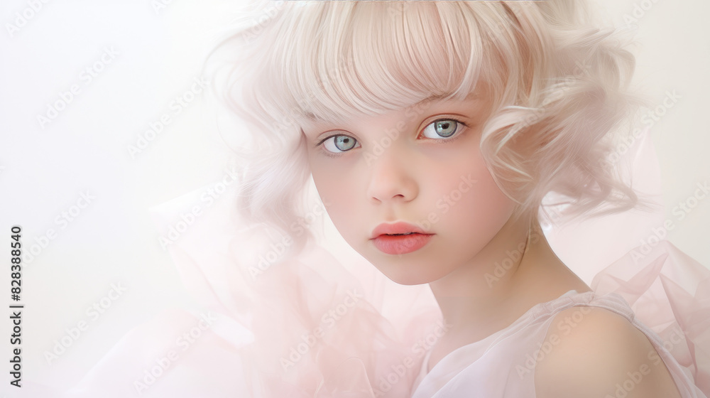 Young person captured in a portrait as if from another world, with soft white and light pink hues Young person captured in a portrait as if from another world, with soft white and light pink hues