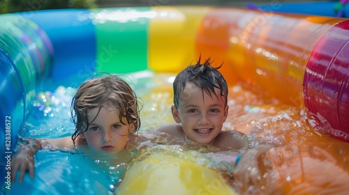 Two little kids playing in colorful inflatable pool photo