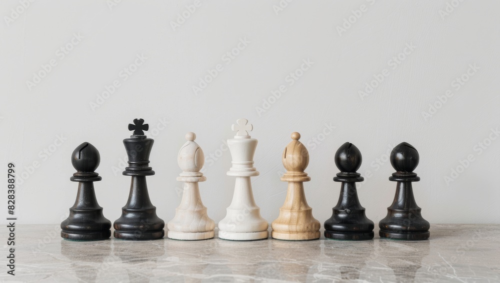 A chess set made of black and white wood, standing on the floor with white background, minimalistic A chess set made of black and white wood, standing on the floor with white background, minimalistic