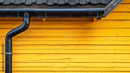 A black drainpipe clings to the side of a vibrant yellow wooden house, ready to divert rainwater from the rooftop
