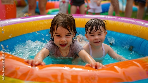 Two little kids playing in colorful inflatable pool photo