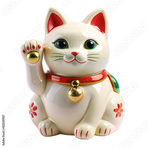 White Fortune Cat Ceramic Figurine with Raised Paw and Lucky Bells, isolated on white transparent background, png element, Maneki-neko © оLeo Studio