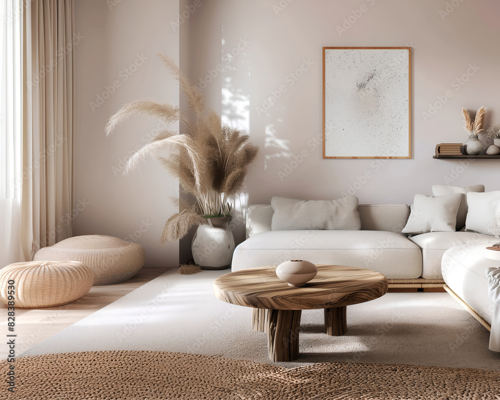 Minimalist living room with a light grey sofa, a wooden coffee table and chair in neutral tones with beige accents. Mid-century modern design. Realistic image of a minimalist interior Minimalist living room with a light grey sofa, a wooden coffee table and chair in neutral tones with beige accents. Mid-century modern design. Realistic image of a minimalist interior