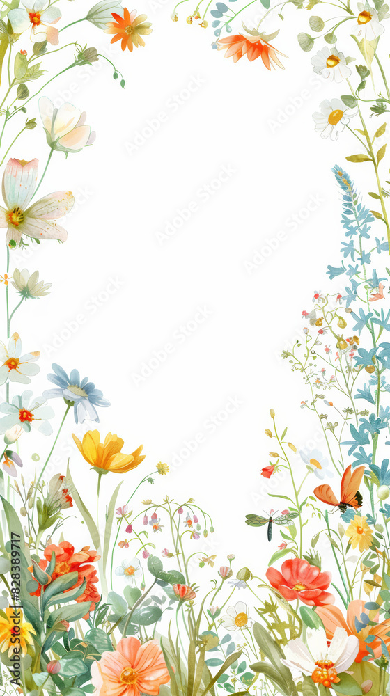 A floral frame with a butterfly and flowers A floral frame with a butterfly and flowers
