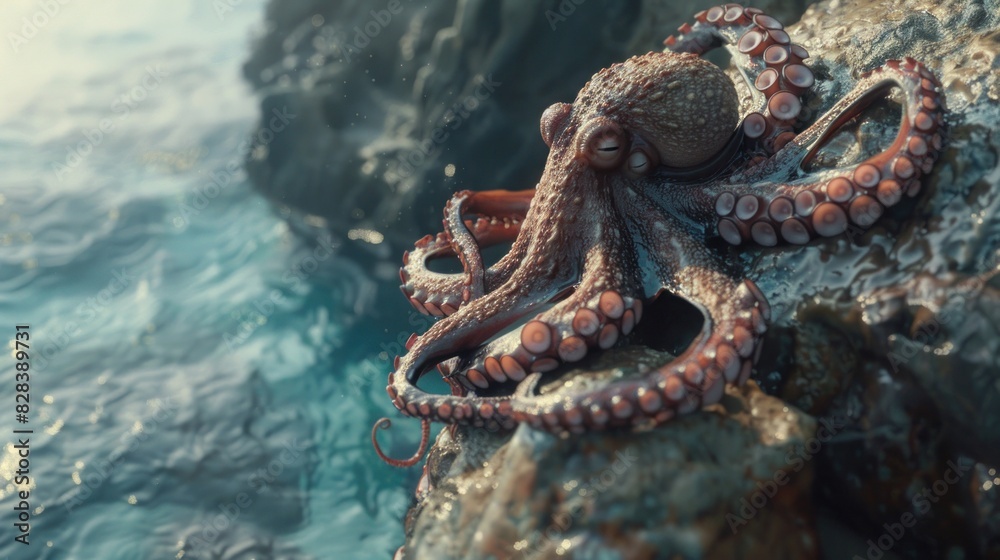 Close-up of a beautiful octopus with protruding tentacles sitting on the edge of an underwater cliff. Close-up of a beautiful octopus with protruding tentacles sitting on the edge of an underwater cliff.