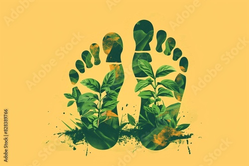 Flat illustration of plants growing from human footprint. human footprints with grass texture