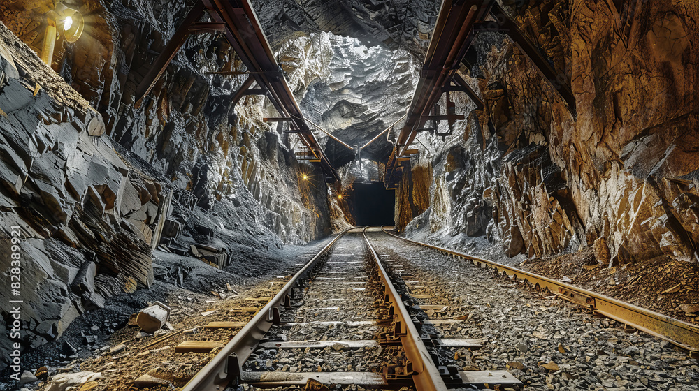 A train travels through a tunnel deep within a cave in an underground mine, surrounded by dimly lit rock walls A train travels through a tunnel deep within a cave in an underground mine, surrounded by dimly lit rock walls