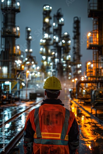 Workman in reflective clothing gazes across the complex machinery of a refinery 