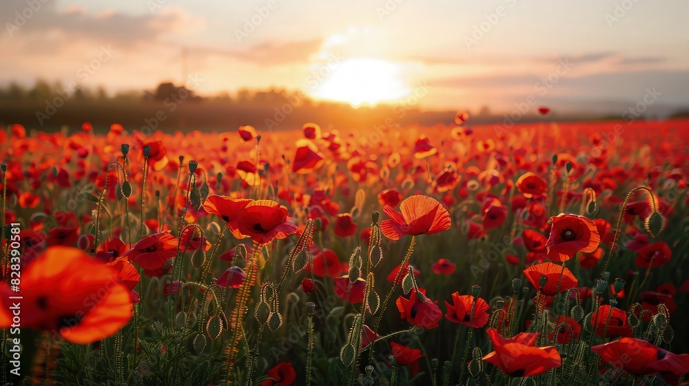 Fototapeta premium Sunrise Over Poppy Field: A vast field of vibrant red poppies bathed in the golden light of the rising sun, with the sky painted in soft hues of pink and orange.