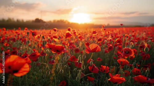 Sunrise Over Poppy Field  A vast field of vibrant red poppies bathed in the golden light of the rising sun  with the sky painted in soft hues of pink and orange.