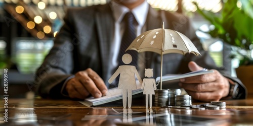 Insurance agent showcasing services to promote and sell insurance policies. An insurance agent's hands protecting a model house and a family of wooden dolls.