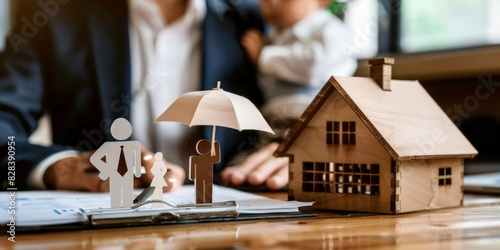 Insurance agent showcasing services to promote and sell insurance policies. An insurance agent's hands protecting a model house and a family of wooden dolls.