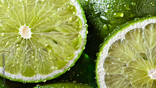 Juicy rings of fresh green lime with drops of water