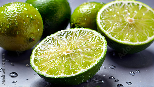 Juicy rings of fresh green lime with drops of water