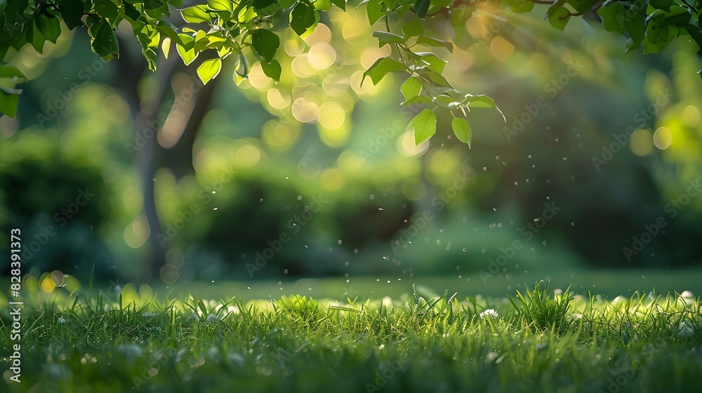 A fresh spring sunny garden background of green grass and blurred foliage bokeh A fresh spring sunny garden background of green grass and blurred foliage bokeh