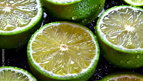 Juicy rings of fresh green lime with drops of water