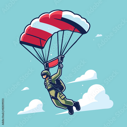 Cartoon illustration of Indonesian national army parachuting with parachute in the sky