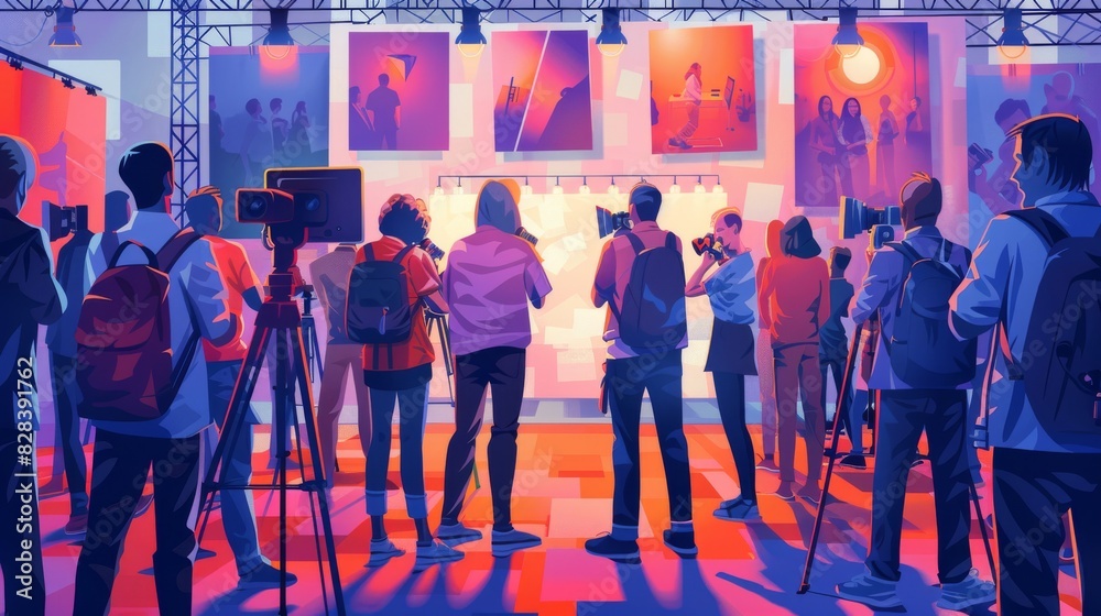 Colorful vector illustration of a photography contest, with judges ...