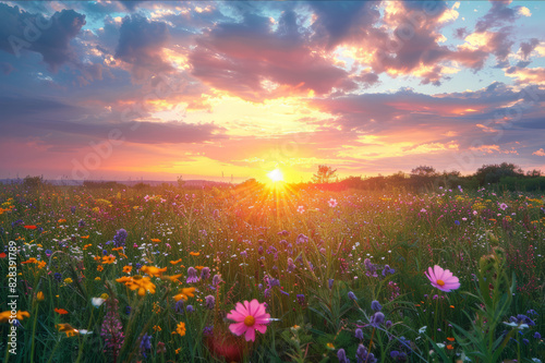 A vibrant meadow with blooming wildflowers, lush greenery, and a variety of wildlife, including deer and butterflies, under a stunning sunset sky.. AI generated. © Petr