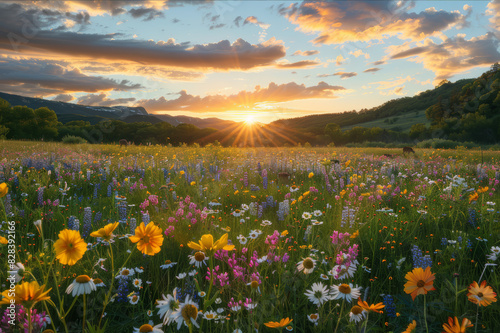 A vibrant meadow with blooming wildflowers, lush greenery, and a variety of wildlife, including deer and butterflies, under a stunning sunset sky.. AI generated.