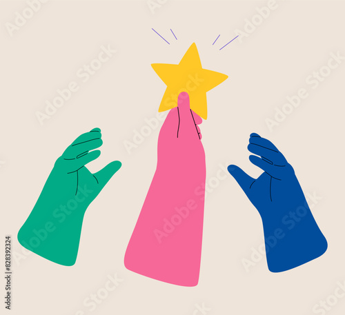 Hands of group of people putting together. Cooperation, unity, partnership and teamwork. Colorful vector illustration