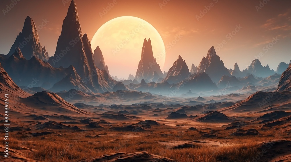 Naklejka premium sunset mountain terrain landscape on unknown alient planet