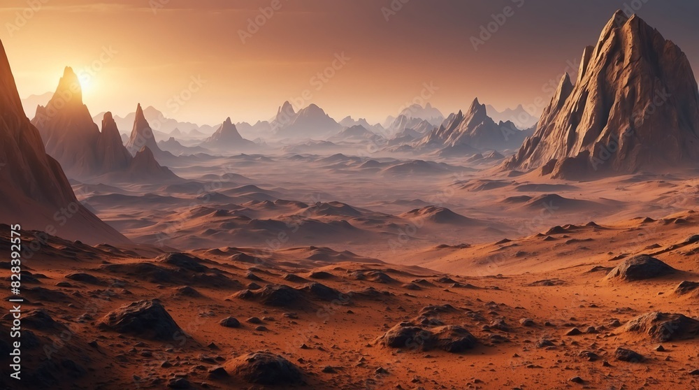 Naklejka premium sunset mountain terrain landscape on unknown alient planet