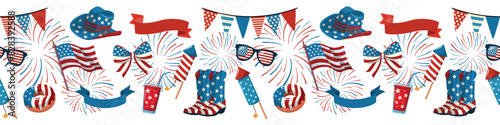Independence Day seamless horizontal border with festive symbols. Isolated on white background. Patriotic holiday decor